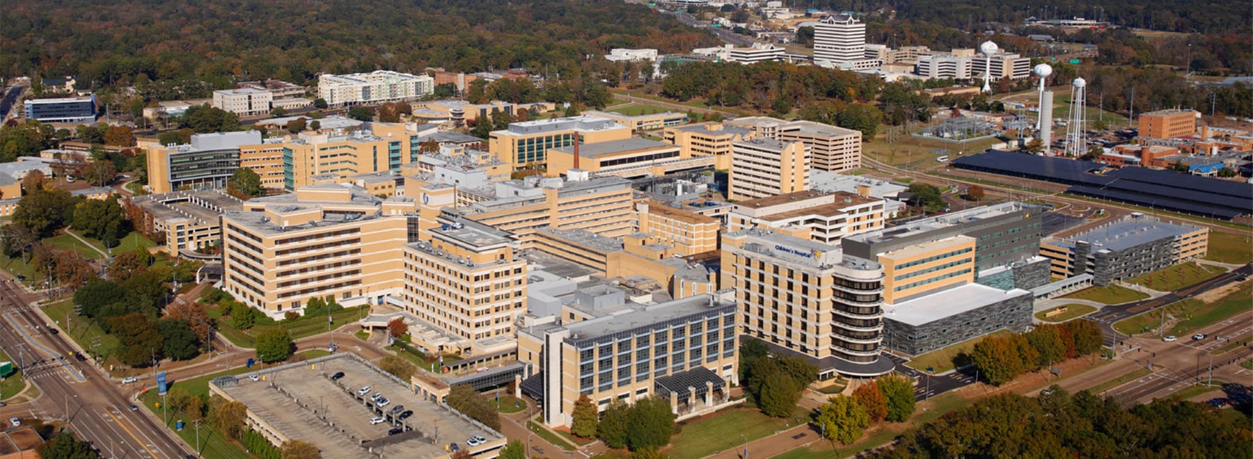 Daytime aerial view of the University of Mississippi Medical Center.